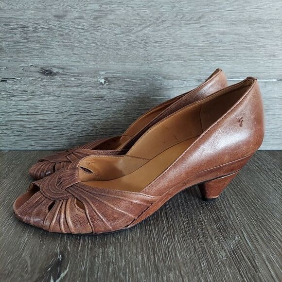 Vintage Frye Brown Leather Peep Toe Slip On Heels Shoes Size 7 - Picture 4 of 9